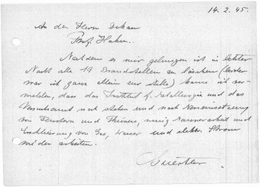 Schreiben eines Mitarbeiters der Fakultät für Maschinenwesen an den damaligen Dekan zur Lage des Instituts am 14. 02. 1945.