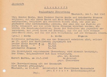 Bescheinigung von 3 gefangenen Französinnen, dass dies von einer Tharandter Familie im Frühjahr 1945 aufgenommen und versteckt wurden.