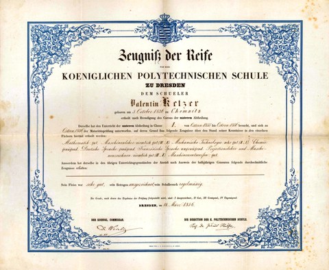 Zeugnis des Studierenden Valentin Ketzer aus dem Jahr 1856.