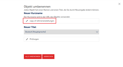 Screenshot of the entry field for renaming short names in the WebCMS