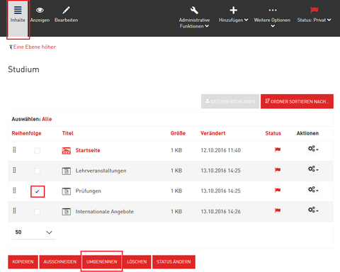 Screenshot of a list of content in the WebCMS