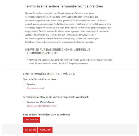 WebCMS screenshot - Form for selecting the event board