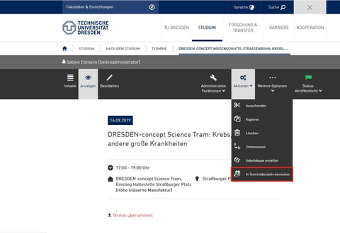 WebCMS screenshot - "Submit to event board"