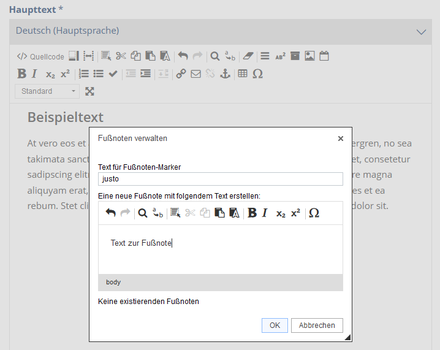Screenshot of the field for entering footnote text in the WebCMS editor. 