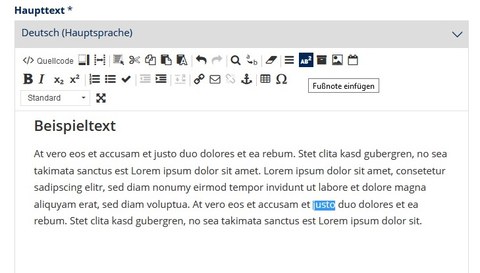 Screenshot of the main text box in the WebCMS editor. A word is highlighted and the mouse is hovering over the button for creating a footnote.