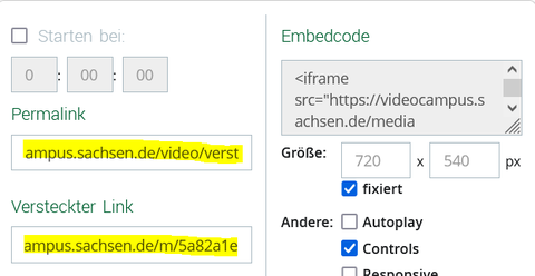 Screenshot mit 2 markierten Feldern: Beschriftung 1. Feld "Permalink", Beschriftung 2. Feld "Versteckter Link"