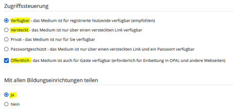 Screenshot: Einstellungen zur Zugriffssteuerung im Videocampus: "Verfügbar" und "Versteckt" (markiert) sowie "Privat" und "Passwortgeschützt". Zusätzlich ist der anonyme Zugriff und das Teilen mit allen Hochschulen aktiviertbar (beide markiert).