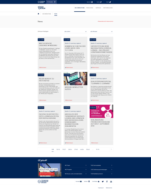 Screenshot der Newsübersicht des Medienzentrums im WebCMS der TU Dresden