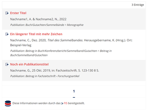 Screenshot: Beispiel FIS-Box mit 3 Publikationen