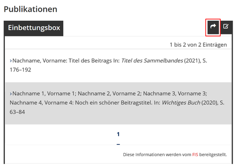 Screenshot: Einbettungsbox mit 2 Einträgen, Button Zur Box wechseln markiert