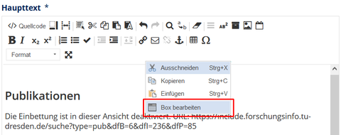 Screenshot: Editor mit geöffneten Kontextmenü einer Einbettungsbox, Eintrag "Box bearbeiten" markiert