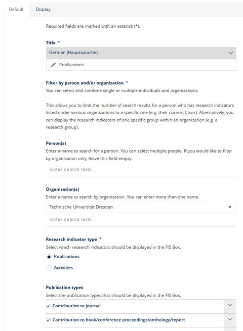 Screenshot: Editing page of the new FIS box