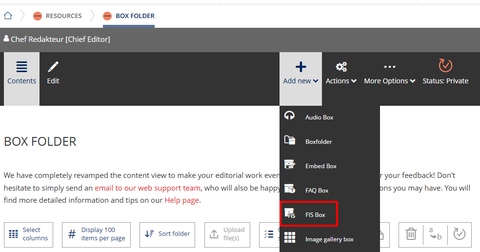 Screenshot: "Add item" menu, with "FIS box" highlighted in the submenu