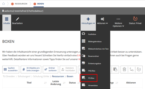 Screenshot: Menü "Hinzufügen", Untermenü "FIS-Box" markiert