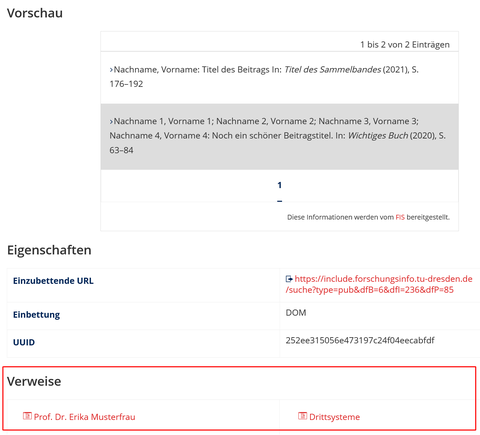 Screenshot: Vorschauseite einer Einbettungsbox mit 2 Einträgen, Abschnitt "Verweise" markiert
