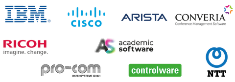 Gold-Sponsoren der ZKI-Herbsttagung 2023 in Dersden von links nach rechts. 1. Reihe: IBM, Cisco, Arista, Converia. 2. Reihe: Ricoh, Academic Software, NTT, Pro-Com. 