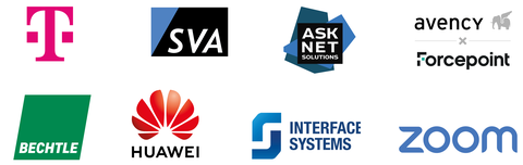 Platin Sponsoren Logos. Links nach rechts Reihe eins: T-Systems, SVA, ASK.net, Forcepoint. Reihe zwei: Bechtle, Huawei, Interface Systems, Zoom.