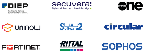 Logos der Silber-Sponsoren. Von links nach rechts Reihe 1: DIEP Ingenieure, secuvera, SoftwareOne. Reihe 2: UniNow, Software2, circular. Reihe 3: Fortinet, RITTAL, SOPHOS.