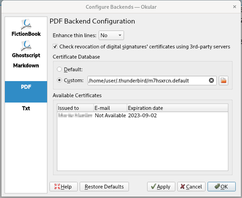 Configuration Backend overview available certificates (custom)