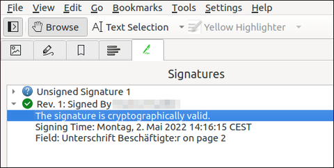 signature panel information for selected signature
