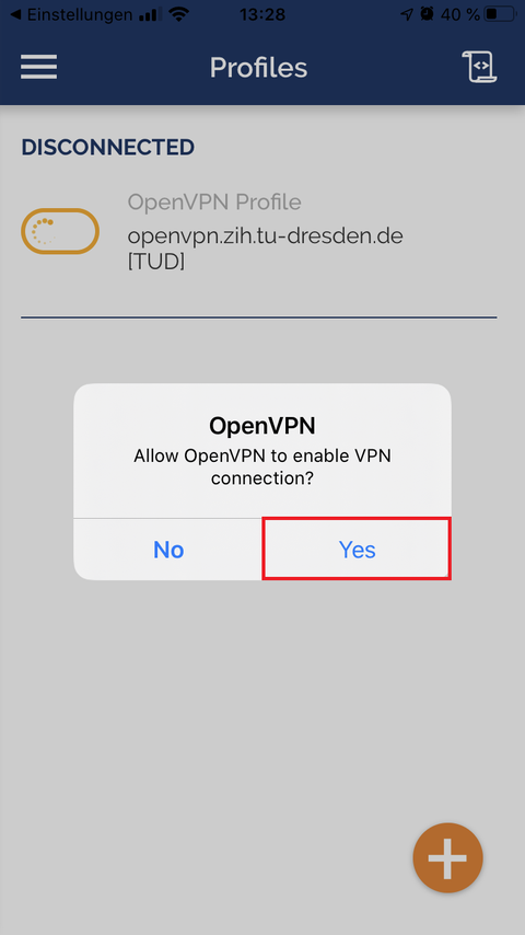 Permission request to establish an OpenVPN connection, Yes is highlighted
