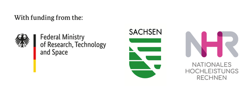 The image shows the three funding logos side by side, from right to left: BMFTR, Saxony, and NHR.