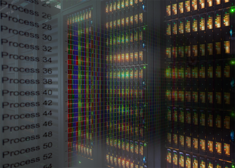 Bildkollage aus Visualisierungsoberfläche VAMPIR mit Prozessen und HPC-System des ZIH