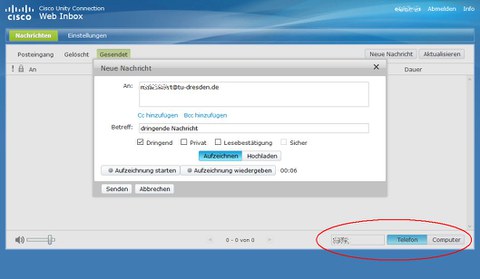 Voicemail Inbox Senden mit Aufzeichnung