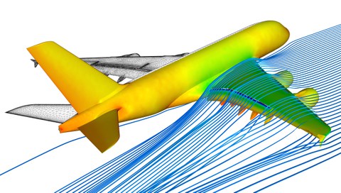 Das Bild zeigt das Ergebnis einer numerischen Strömungssimulation an einem Airbus A380. Am Rumpf ist die Druckverteilung während des Fluges zu erkennen, an der rechten Tragfläche die Strömungsverteilung. Die linke Tragfläche zeigt ein "Rechengitter".