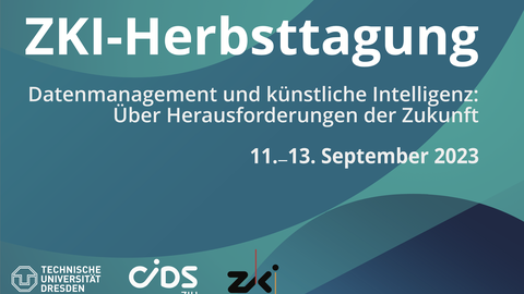 Online-Banner mit türkisfarbenem Hintergrund und der Beschriftung: "ZKI-Herbsttagung 2023: Datenmanagement und künstliche Intelligenz: Über Herausforderungen der Zukunft. 11.-13.9.2023