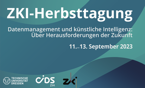 Online-Banner mit türkisfarbenem Hintergrund und der Beschriftung: "ZKI-Herbsttagung 2023: Datenmanagement und künstliche Intelligenz: Über Herausforderungen der Zukunft. 11.-13.9.2023