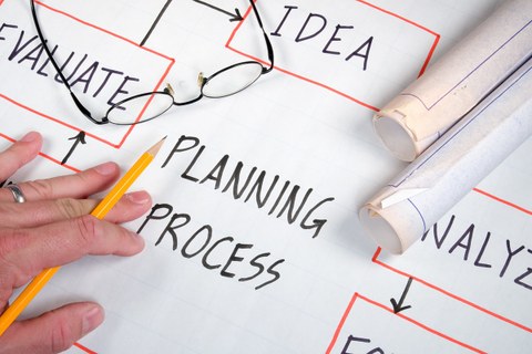 Hand mit einem Stift in der Hand; zeigt auf ein Blatt Papier, auf dem Planning und Process steht. 