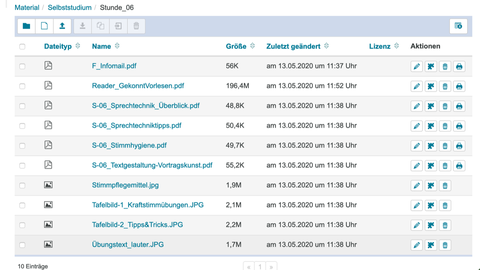 Screenshot: Materialen zum Selbststudium