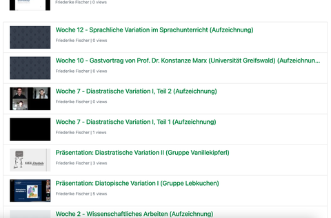 Screenshot: Ausschnitt der Wiedergabeliste im VCS mit Aufzeichnungen der Videokonferenzen und Präsentationen der Studierenden