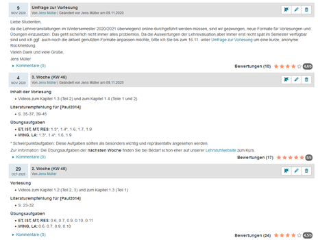 Screenshot: Mitteilungen im OPAL-Kurs