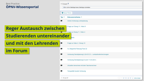 Screenshot ÖPNV-Wissensportal, Reger Austausch zwischen Studierenden untereinander und mit den Lehrenden im Forum