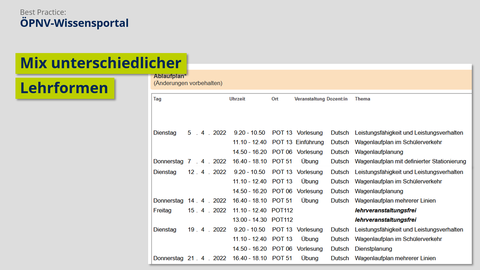Screenshot ÖPNV-Wissensportal, Mix unterschieldicher Lehrformen, Ablaufplan