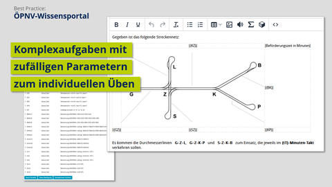 Screenshot ÖPNV-Wissensportal, Komplexaufgaben mit zufälligen Parametern zum individuellen Üben