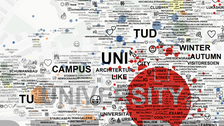 Die Abbildung eine Stadtkarte in Grautönen. Darüber sind sich gegenseitig überlappend Wörter und Symbole angeordnet. Die dominantesten Wörter lauten „UNIVERSITY“, „CAMPUS“, „TUD“, „UNI“, „WINTER“.