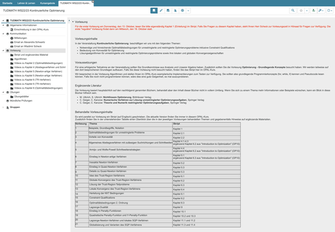 Der Screenshot zeigt eine Opal-Seite. Die Überschrift des Kurses, zu sehen im Navigationsbaum in der linken Seite der Abbildung, lautet: „TUDMATH WS22/23 Kontinuierliche Optimierung“. Auf der rechten Seite stehen unter der Überschrift „Vorlesung“ Informationen und eine Tabelle mit Terminen.