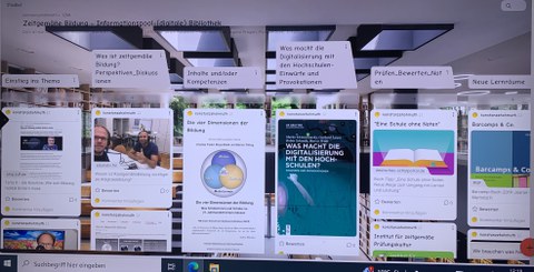 Das Foto zeigt einen Computerbildschirm mit dem Programm "Padlet" offen. Links oben steht die Überschrift "Zeitgemäße Bildung - Informationspool-(digitale) Bibliothek". Der Bildschirm ist in 6 Spalten unterteilt, jede Spalte hat eine Überschrift, darunter sind in Rechtecken Beiträge zu sehen. Im Hintergrund des Padlets ist das Bild einer Bibliothek zu sehen.