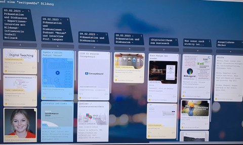 Das Foto zeigt einen Computerbildschirm mit dem Programm "Padlet" offen. Links oben steht die Überschrift "Perspektiven auf eine zeitgemäße" Bildung". Der Bildschirm ist in 7 Spalten unterteilt, jede Spalte hat eine Überschrift, darunter sind in Rechtecken Beiträge zu sehen. Im Hintergrund des Padlets ist ein verschwommenes Bild in Blautönen zu sehen.