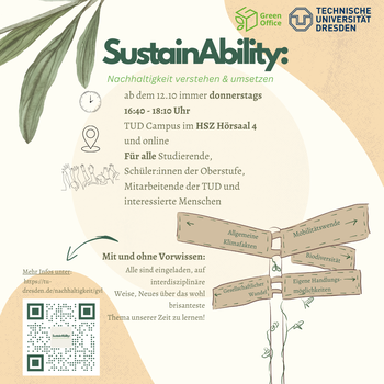 Die Abbildung zeigt ein Plakat. In der rechten oberen Ecke befinden sich die Logos von Green Office und der Technischen Universität Dresden. Das Plakat ist in Grün- und Brauntönen gehalten. Die Überschrift lautet „SustainAbility: Nachhaltigkeit verstehen & umsetzen“. Unter der Überschrift, mittig auf der Abbildung befinden sich Daten zur Veranstaltung. In der linken unteren Ecke ist ein QR-Code, in der rechten unteren Ecke eine Graphik, welche Wegweiser darstellt.