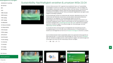 Die Abbildung zeigt den Screenshot einer Website. Im linken Bereich ist ein Navigationsbaum, dessen Überschrift „Bildungseinrichtungen“ heißt. Der rechte Bereich trägt die Überschrift „SustainAbility: Nachhaltigkeit verstehen & umsetzen WiSe 23/24“. Darunter ist ein Bild, rechts daneben ein Text. Im unteren Teil der Website sind nebeneinander drei Standbilder von Videos angeordnet. Alle Bilder auf der Seite sind in grünen Farben gehalten.