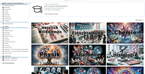 Screenshot einer Opal Seite. Die Überschrift des Kurses, zu sehen im Navigationsbaum in der linken Seite der Abbildung, lautet: „DVR - Dresdner Vorklinik Repetitorien“. Der restliche Teil der Abbildung wird von 9 Bildern eingenommen, auf denen jeweils ein medizinisches Fach geschrieben steht.