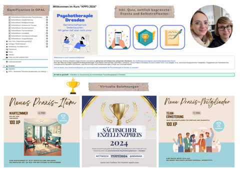 Collage aus 2 Bildern, übereinander angeordnet. Das obere zeigt einen OPAL-Kurs mit der Überschrift "Gamification in OPAL", das zweite trägt die Überschrift "Virtuelle Belohnungen" und enthält drei Bilder von Urkunden.