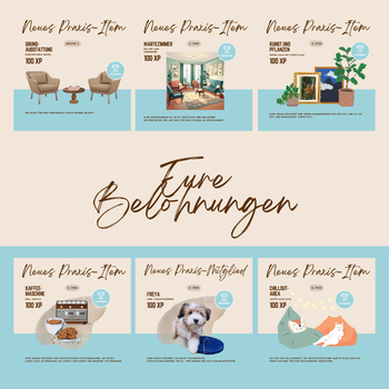 Collage aus 6 gezeichneten Bildern mit der Überschrift "Eure Belohnungen"