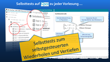 Collage: "Selbsttests auf OPAL zu jeder Vorlesung, zum selbstgesteuerten Wiederholen und Vertiefen", im Hintergrund Screenshot eines Tests