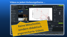 Collage: "Videos zu jedem Vorlesungsthema, keine Mitschnitte sondern didaktisch angereicht", im Hintergrund Screenshot einer Videoschnittsoftware