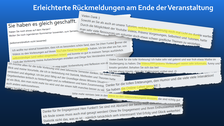 Collage: "Erleichterte Rückmeldung am Ende der Veranstaltung", mehrere Textschnipsel mit Feedback